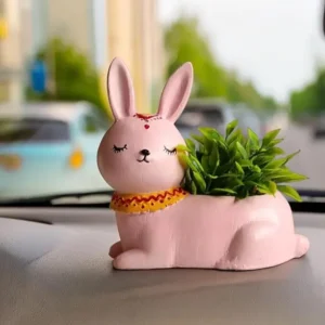 Kawai Homes Pink Rabbit Car Dashboard Toy with Artificial Plant Pot | Cute Resin Figurine Decoration for All Cars